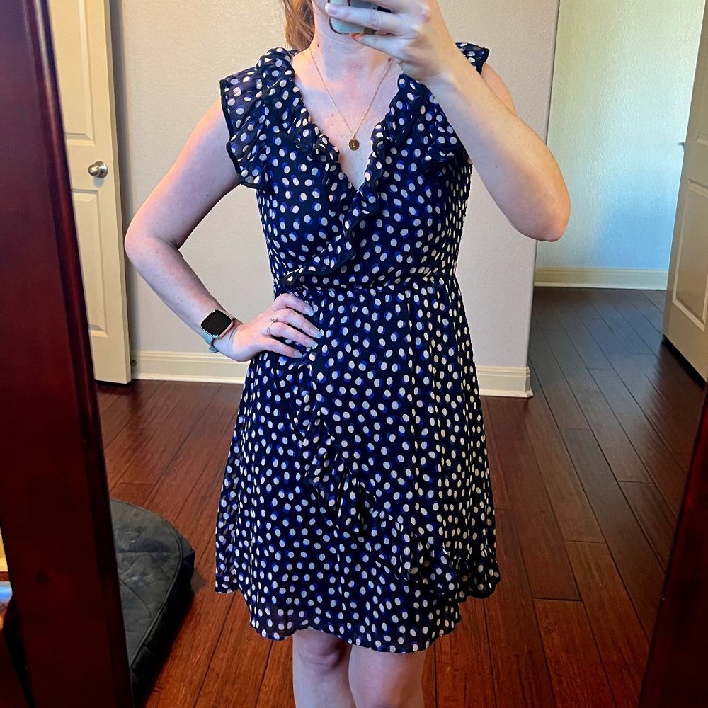 Blue & Tan Polka Dot Faux Wrap Ruffled Knee Length Dress H&M